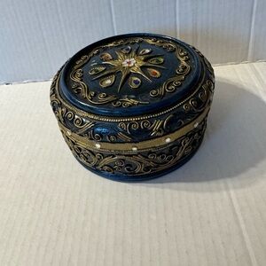 Vintage Teal Bronze Multi Colored Jeweled Trinket Box Small Round Jewelry